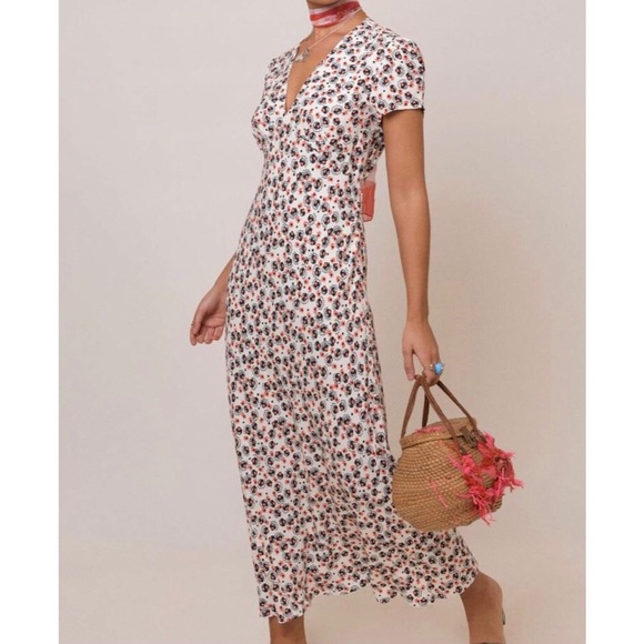 RIXO Tallulah Shell Squiggle Coral Mono Cap Sleeve Midi Dress Back Detail Sz XL